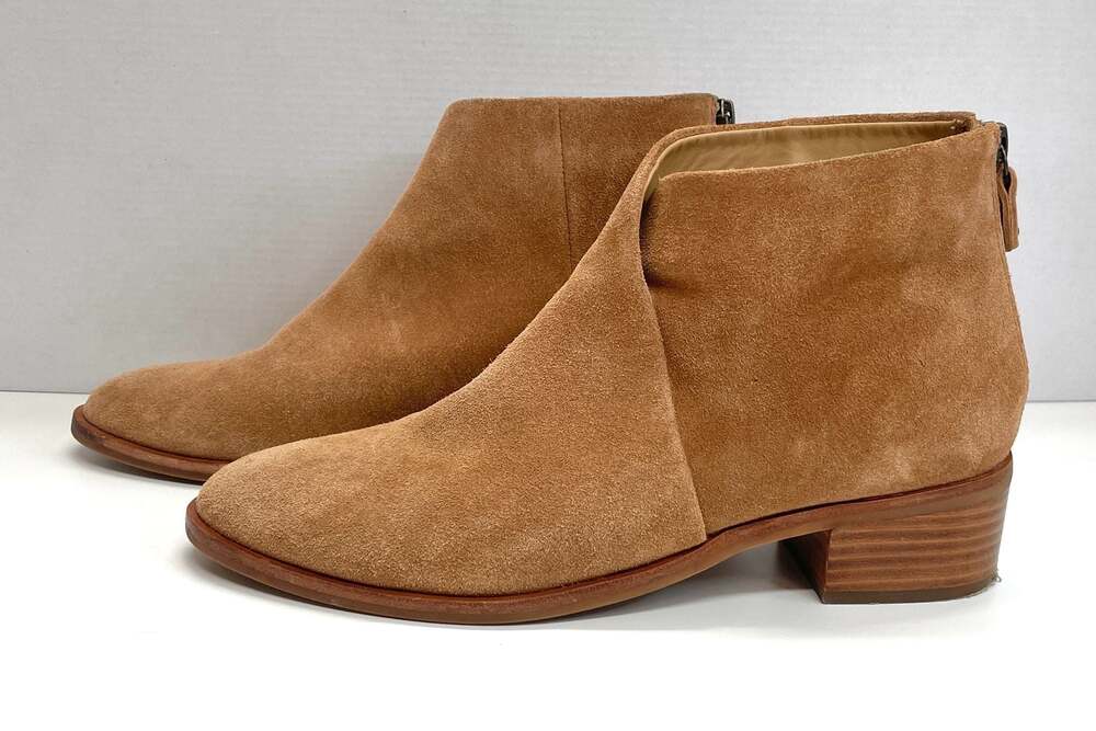 Soludos Venetian Tan Suede Ankle Boots Size 8.5 Low Heel Booties Minimalist Chic
